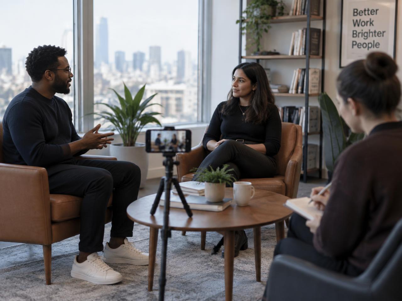 Two colleagues in a one-on-one interview recorded on a phone, with a facilitator