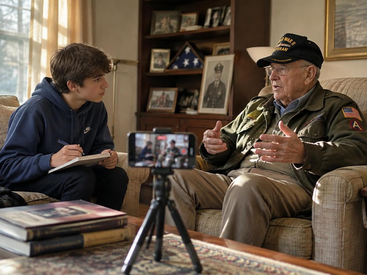 A school student filming an interview with a veteran on an iPhone